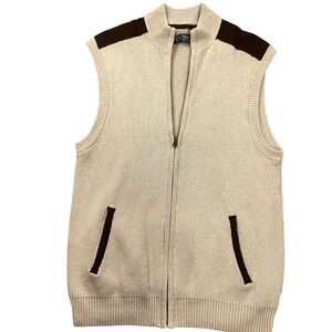 Chaps Sweater Vest Mens Medium Beige Zip Knit Pockets Suede Accents